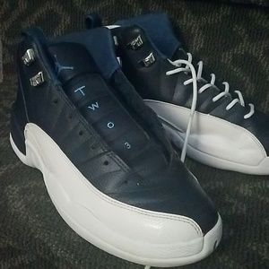 Air jordan 12's navy and white